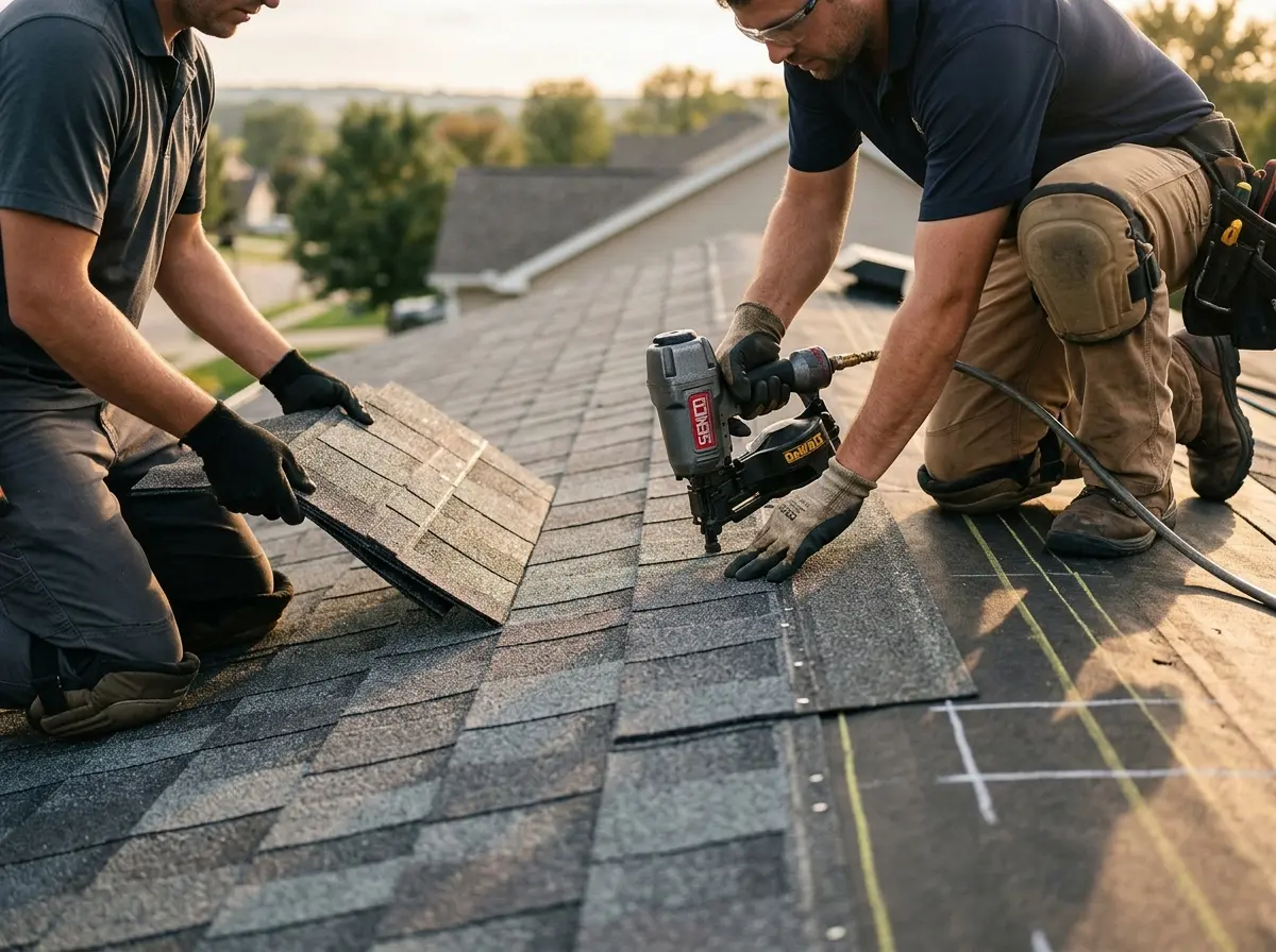 Professional roofer working on a residential roof in Brookhaven